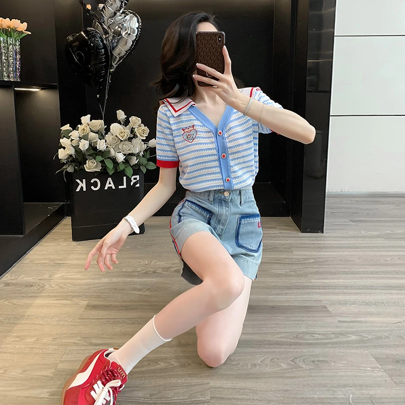 2025年夏季新款时尚多巴胺套装女针织短袖显瘦搭配牛仔短裤两件套