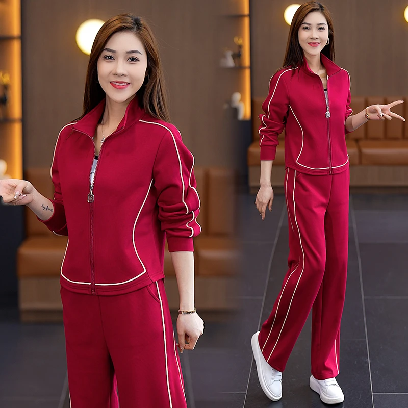 休闲运动服套装女春秋新款时尚气质显瘦立领开衫卫衣阔腿裤两件套