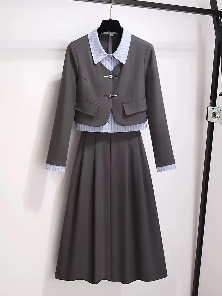 【T1610】假两件西装外套搭配半身百褶伞裙套装