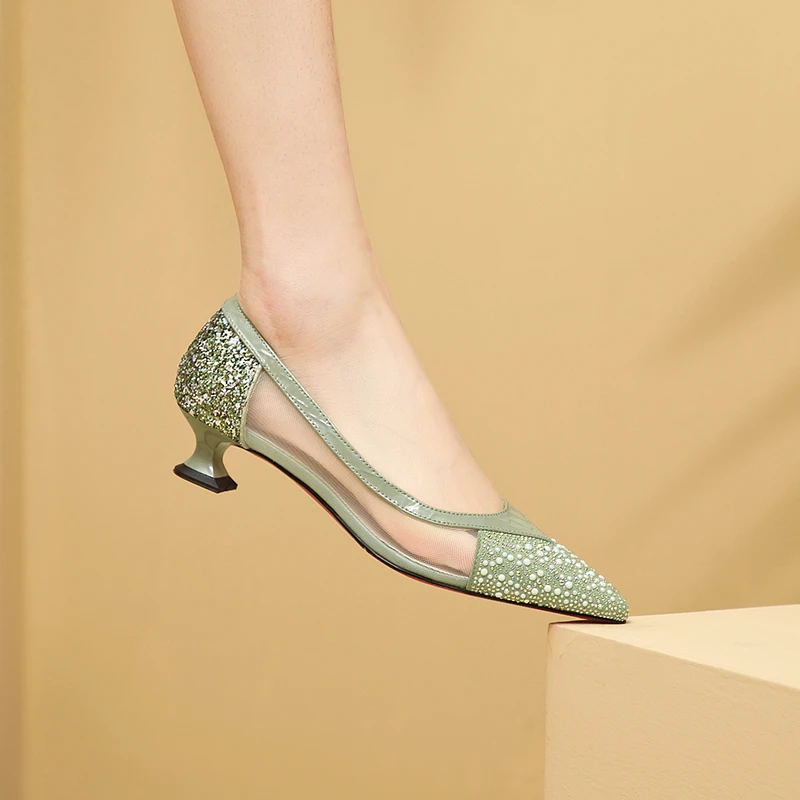 牛皮尖头网纱水钻单鞋/585/34-42新款百搭低跟水钻真皮软底浅口鞋