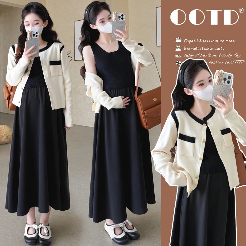 小香风孕妇装秋装套装新款时尚减龄吊带连衣裙中长款秋季孕妇开衫