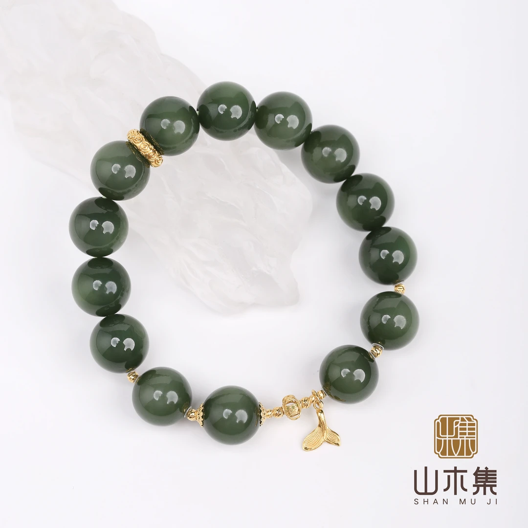 【鱼戏莲】（18K金）俄料碧玉1.2细料单圈手串%【山木集】（多样性）