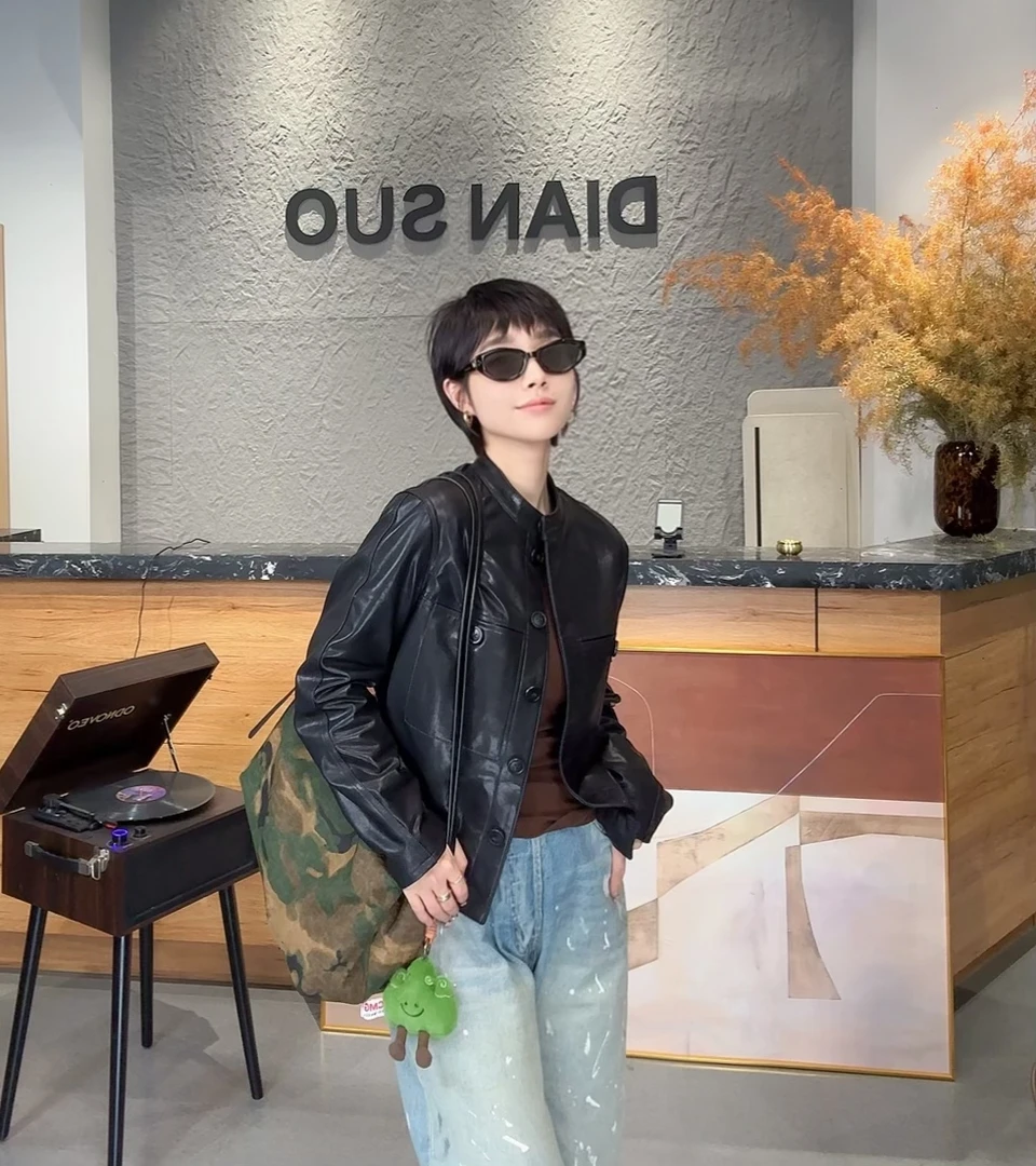 「点索DIANSUO」新款植鞣小羊皮女士网红立领真皮短款皮衣-33221