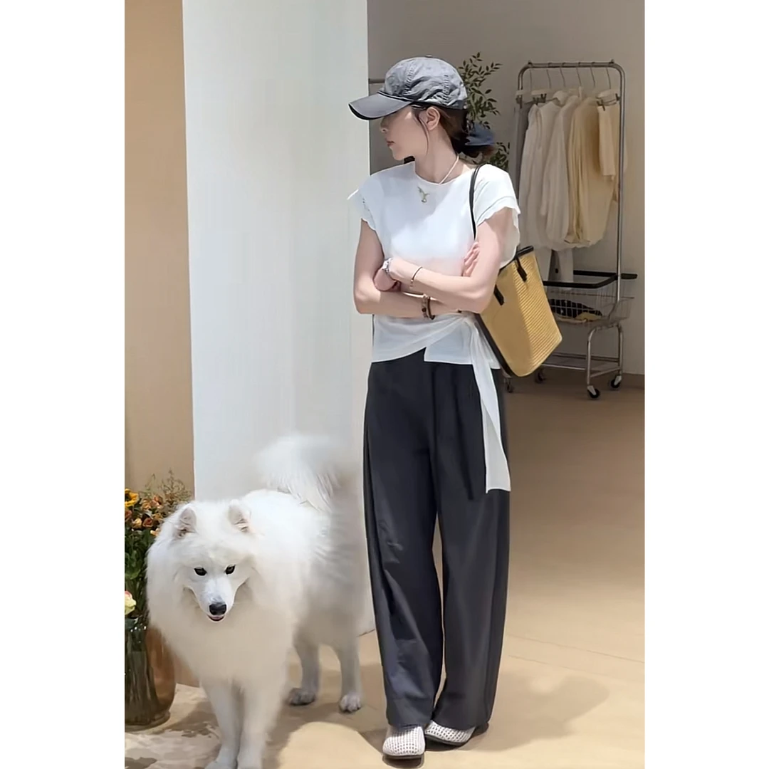 夏季时尚一整套女装2025新款设计感绑带短袖上衣百搭休闲裤两件套