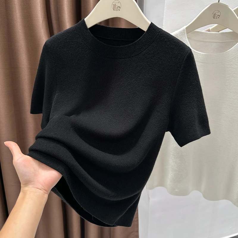 极简风酷飒圆领短袖弹力T恤2025夏季新款时髦百搭薄款套头针织衫