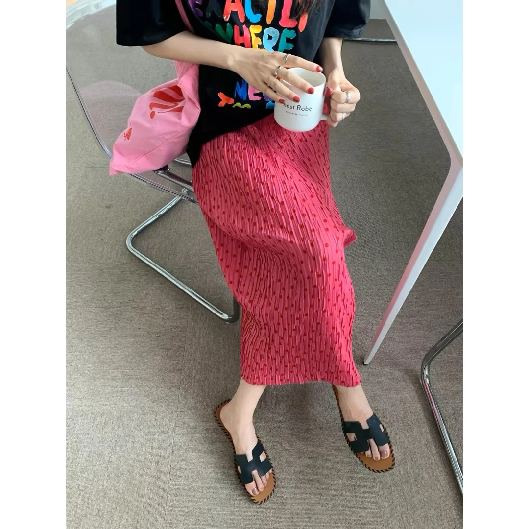 玫红撞色波点肌理感褶皱半身裙遮肉显瘦垂感包臀裙后开叉直筒裙子