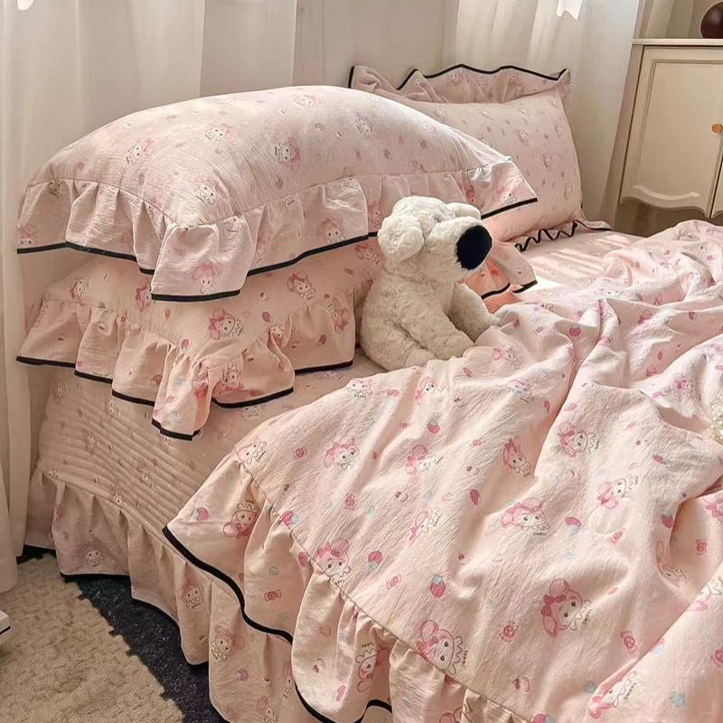 【2025新品】云感双层纱床盖夏被四件套韩版花边款双人夏凉被三件套