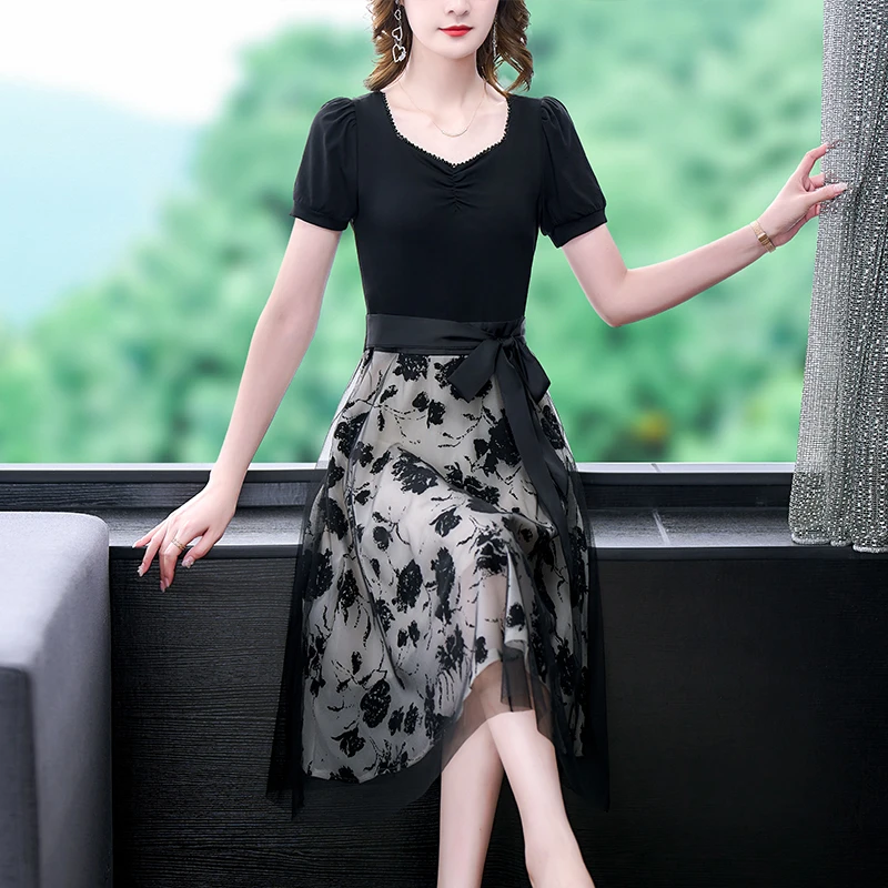 8869 轻奢大牌拼接假两件网纱连衣裙2025夏季新款收腰显瘦长裙