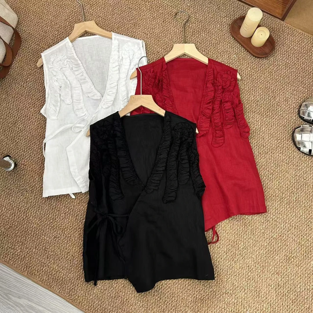 【100%亚麻】木耳边系列系带小背心女夏款无袖上衣