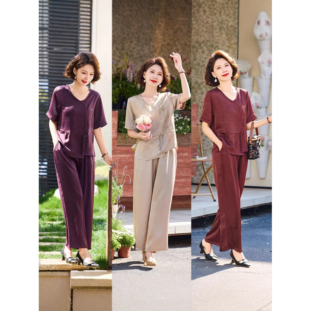 洋气妈妈夏季两件套上衣短袖套装新款中老年休闲气质减龄上衣显瘦