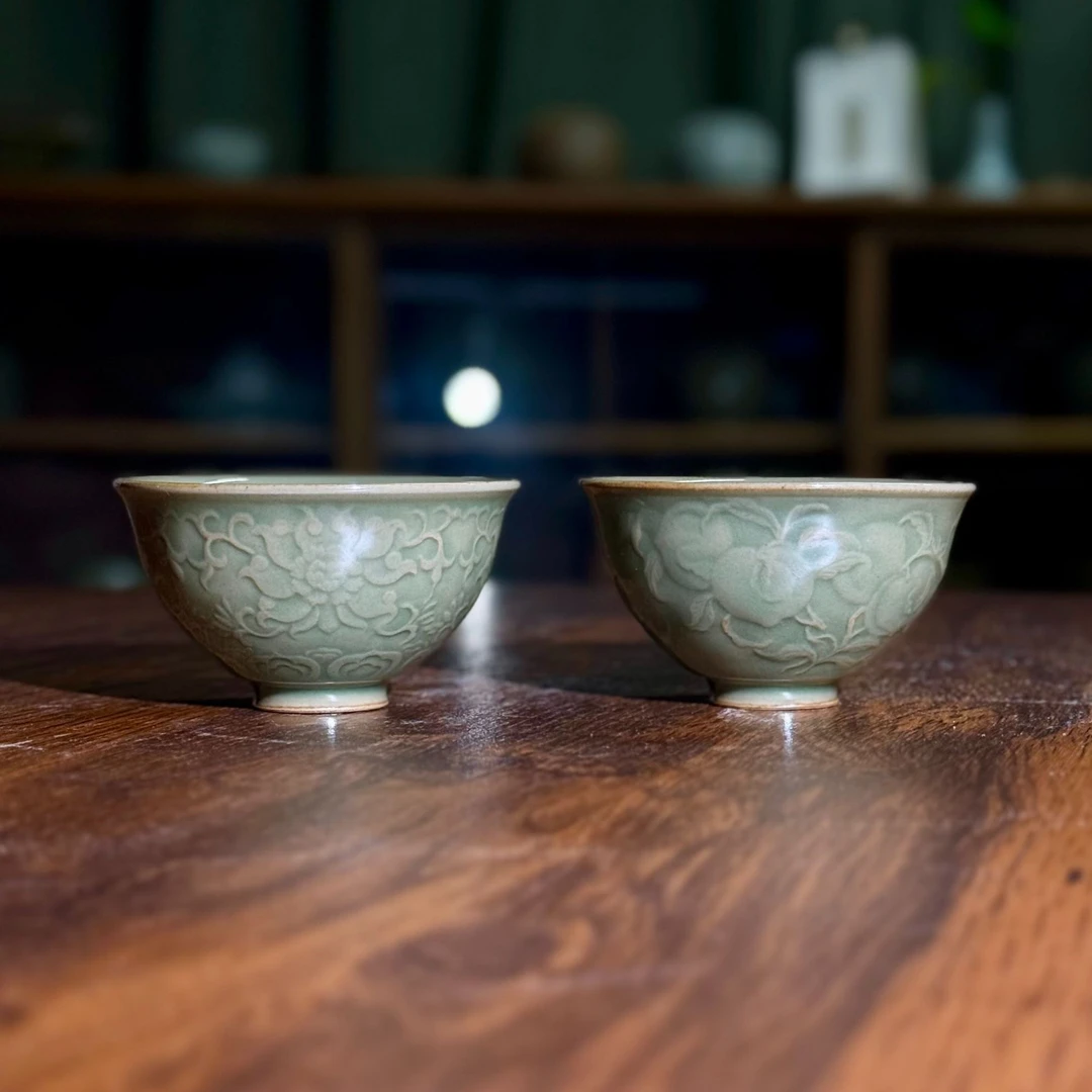 【长安知己】中国非遗「浮雕鸡心杯」耀州窑原矿青瓷茶盏茶杯70ml