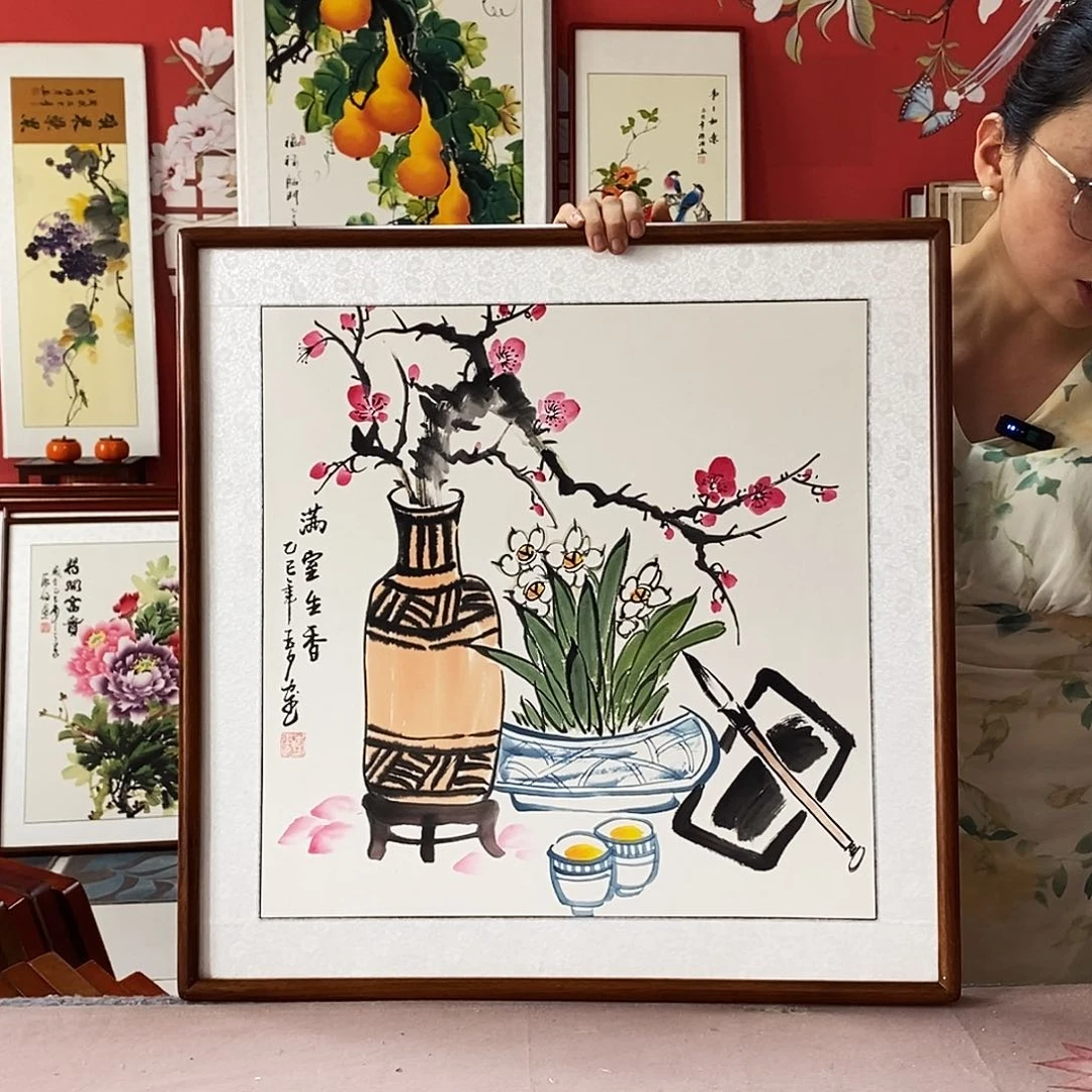 国画手写手绘带框包邮62✖️62国画作品