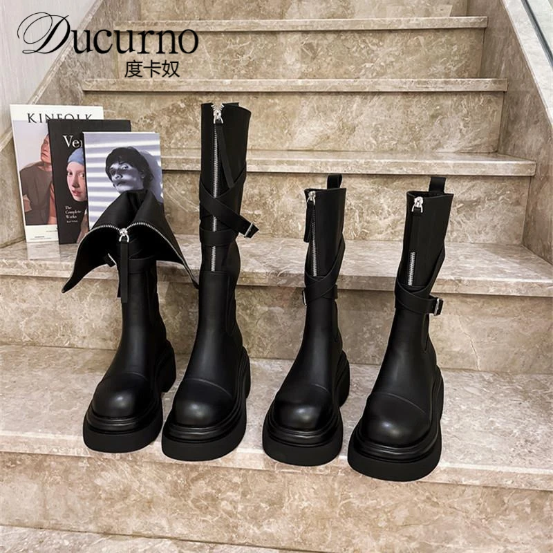 马丁靴女2025新款小众辣妹小个子前拉链翻领两穿中筒机车机车短靴