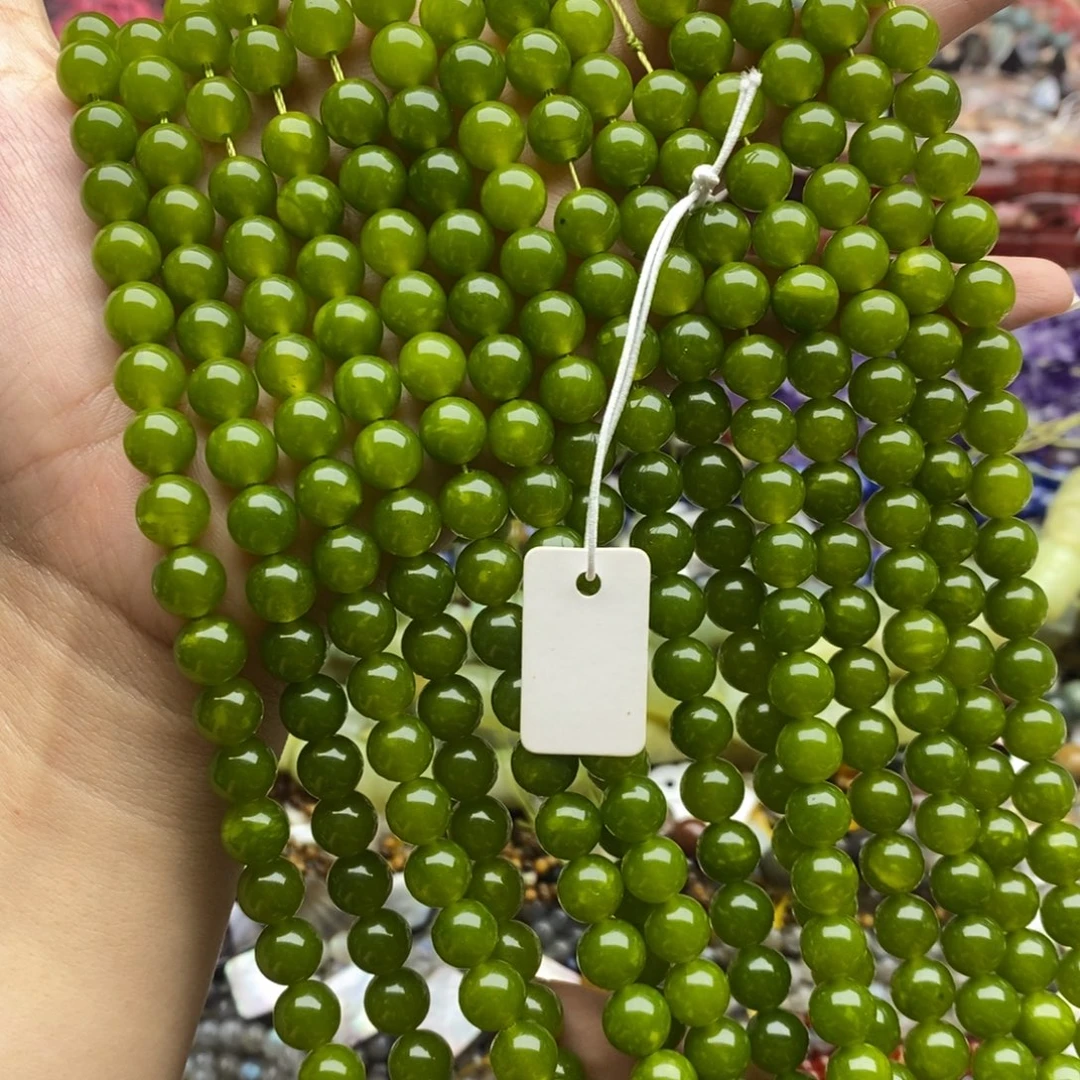 玛瑙/玉髓未镶嵌珠宝半成品一条纯天然橄榄绿玉髓圆珠8mm
