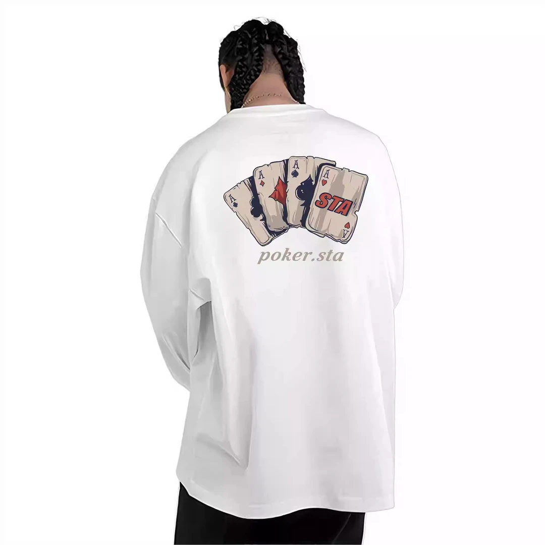 春秋款潮流时尚扑克牌长袖T恤男女美式潮牌重磅纯棉宽松百搭上衣