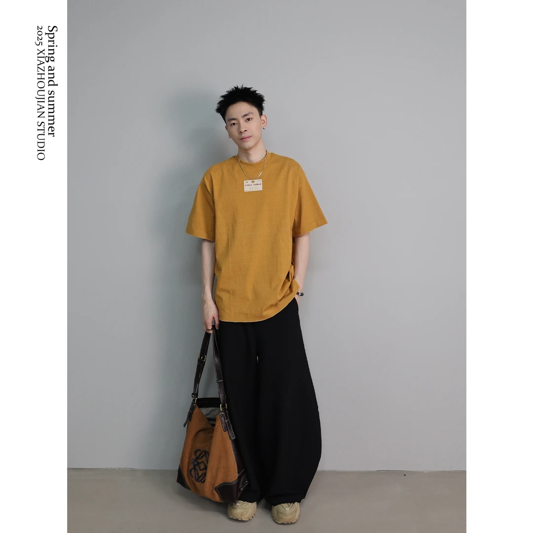 【谭星】25S/S 290g原坯布面料 经典"邮票"印花 靛染工艺 纯色短袖