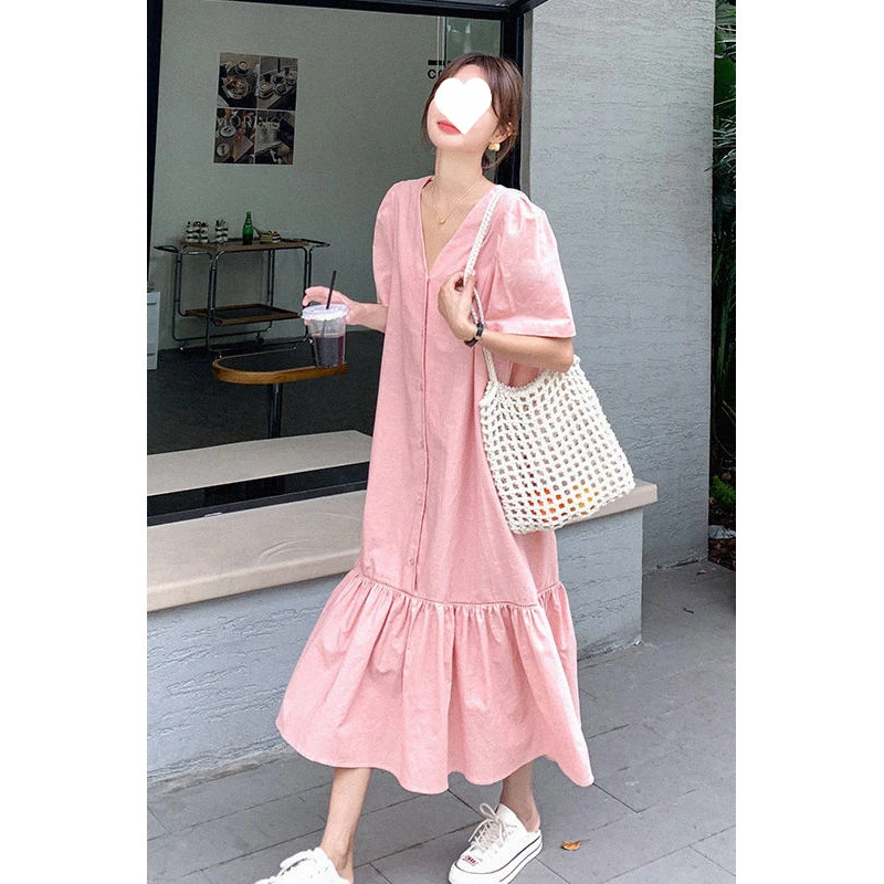 森系v领粉色连衣裙女2024夏季新款韩系温柔风宽松遮肉显瘦鱼尾裙