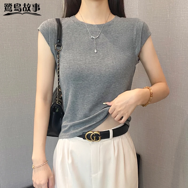 鹭岛故事螺纹圆领短袖t恤女夏季修身打底衫百搭显瘦飞飞袖上衣潮