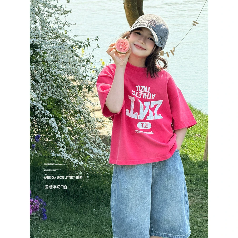 女童短袖T恤2025年夏季新款美式复古印花宽松T恤字母上衣E52G2070