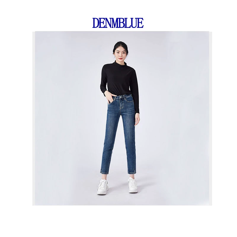 秋冬季裤子直筒时尚弹力百搭小脚裤水洗开叉高腰女士显瘦牛仔裤