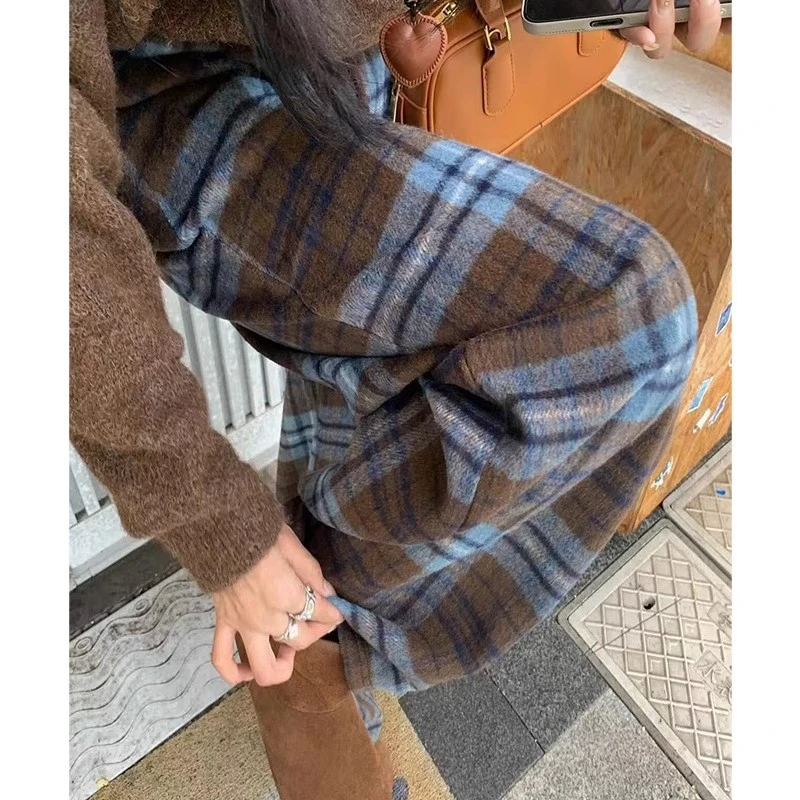 百搭复古加厚格子保暖韩版网红时尚休闲格纹秋冬款蓝色毛呢阔腿裤