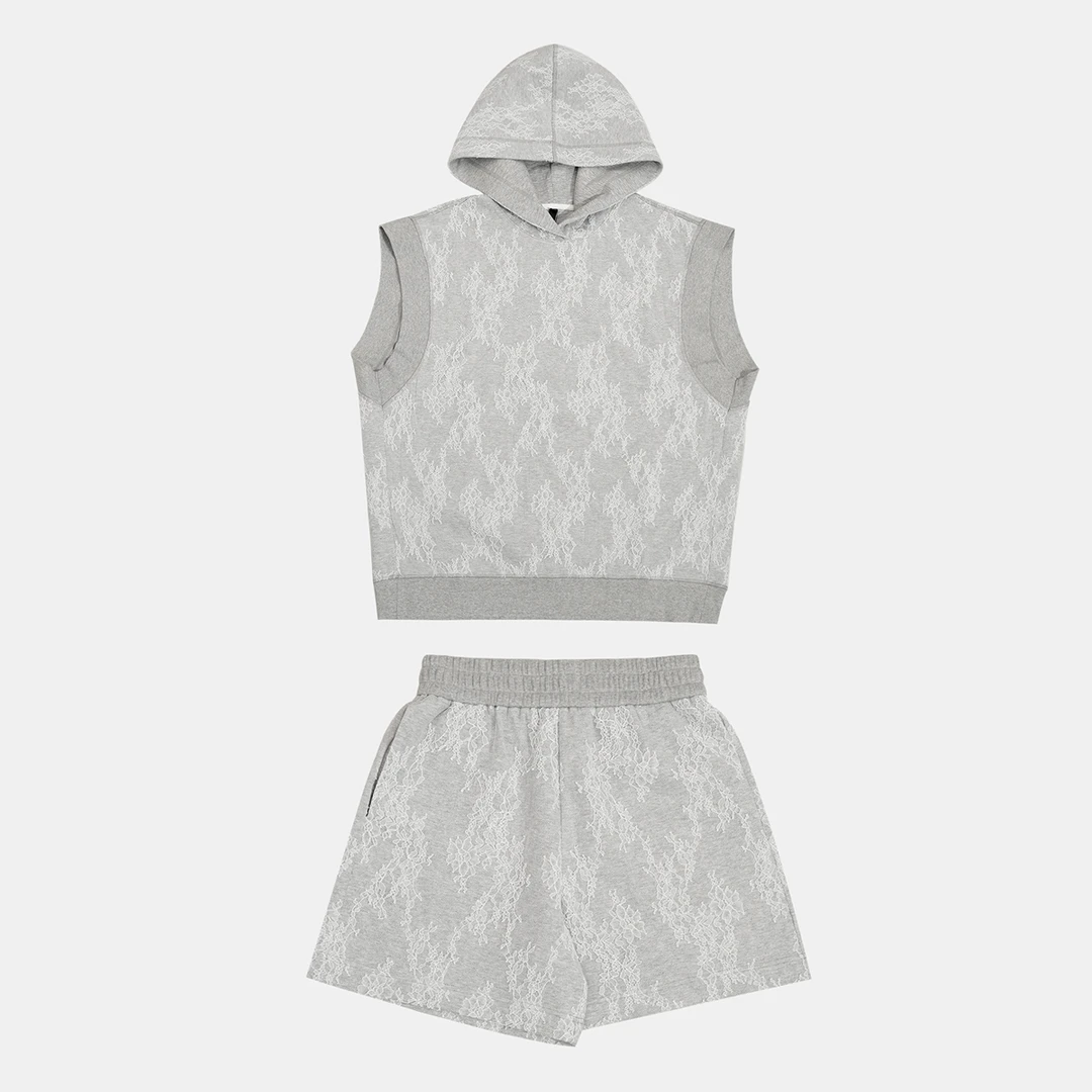 【上新】潮牌女装时尚休闲百搭显瘦定制蕾丝连帽马甲套装-152163/2