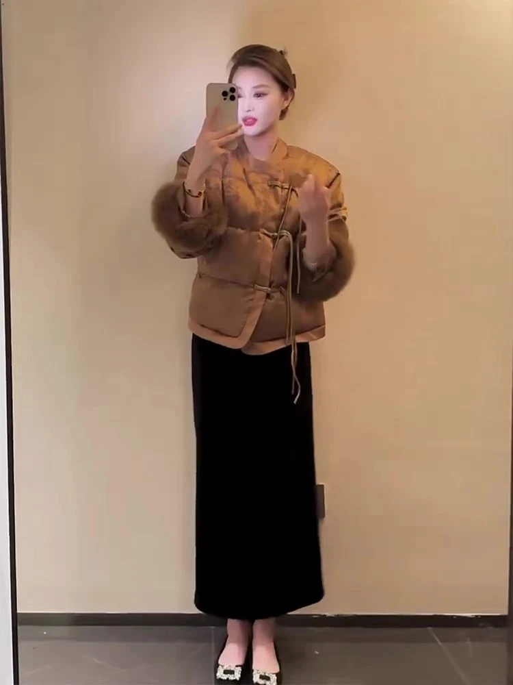 【补贴8元】新中式盘扣设计大码宽松套装休闲纯色毛毛棉服加棉国风