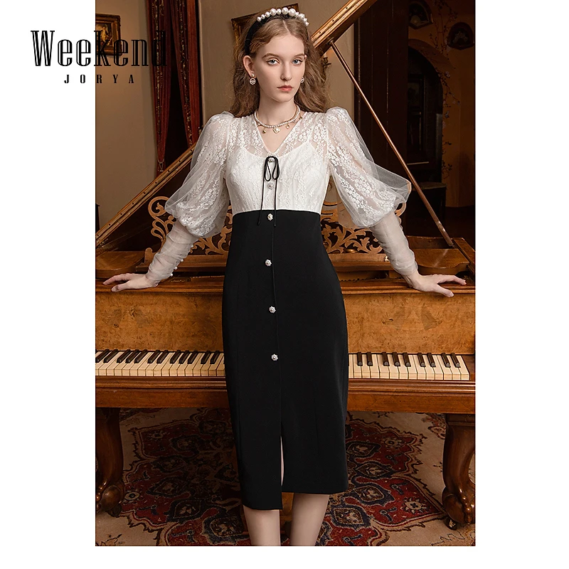 卓雅周末气质女装高级感V领蝴蝶结扣饰蕾丝包臀连衣裙女EJWDCF79