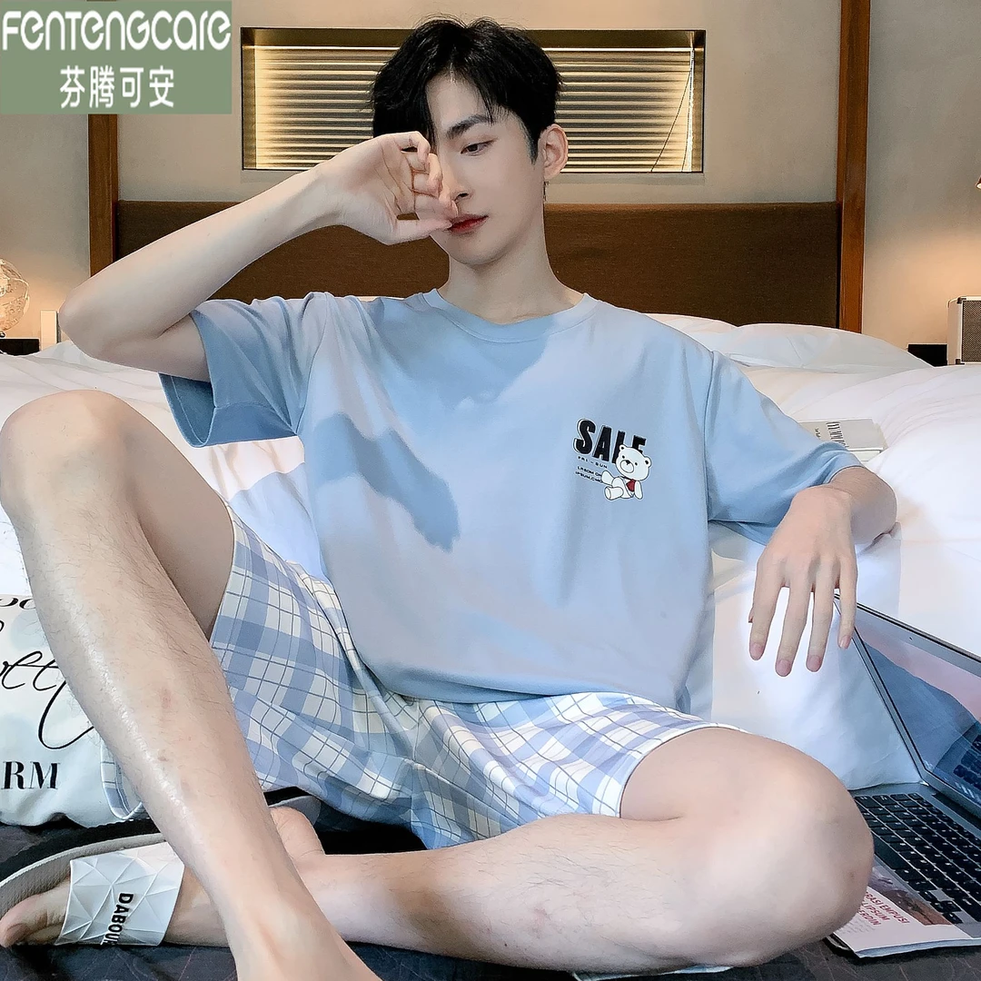 芬腾可安青少年活力男款睡衣夏季纯棉短袖短裤薄款休闲宽松家居服