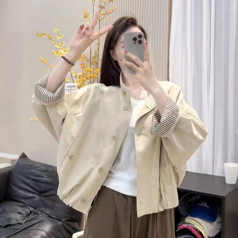 洋气立领夹克外套女2025秋季新款宽松休闲条纹长袖短外套纯棉上衣