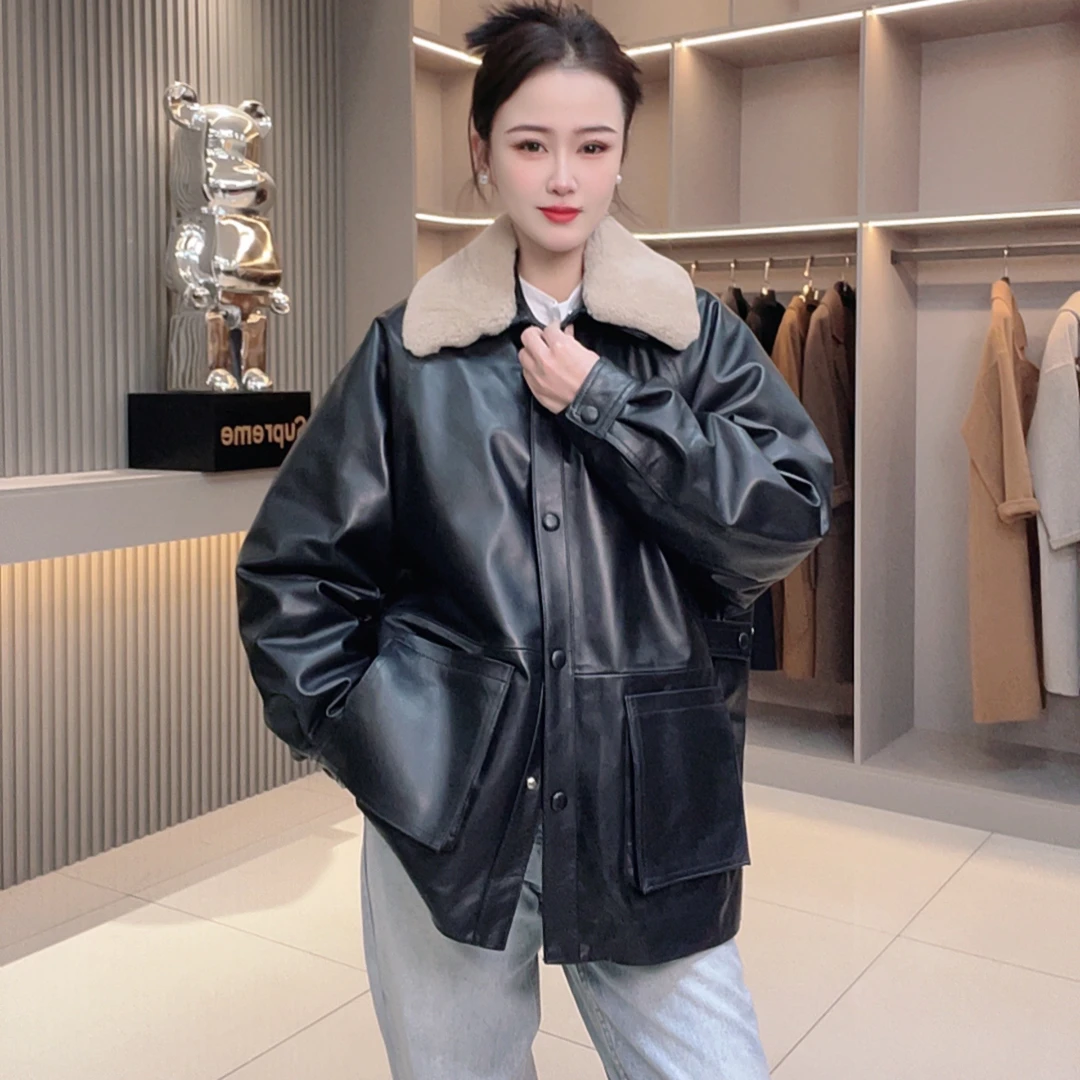 Km82春季新款羊皮可拆卸内里中长真皮外套