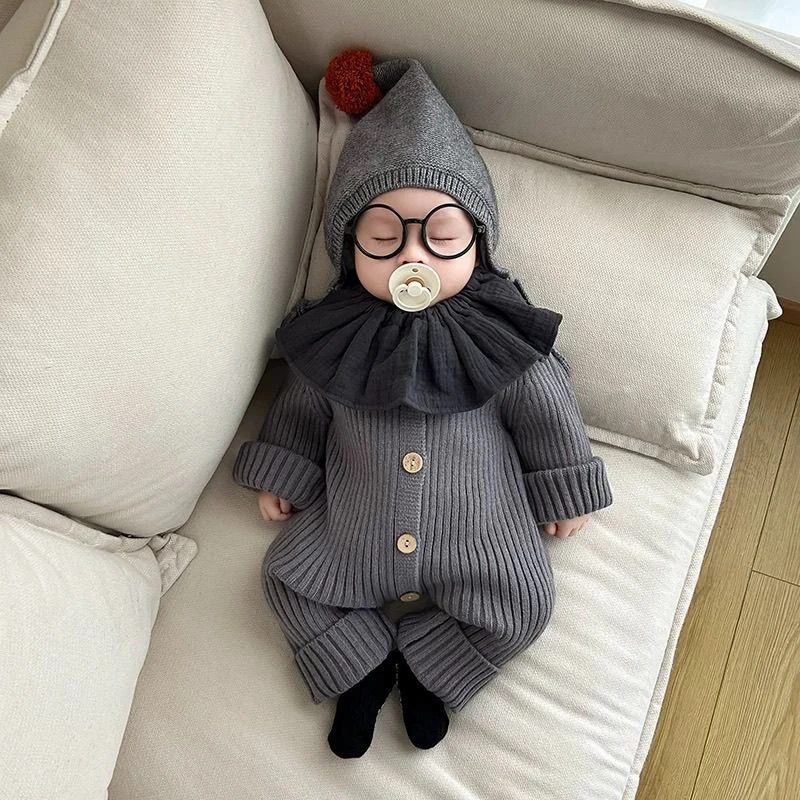 春秋季纯色针织爬服线衣连体衣针织连体新生儿