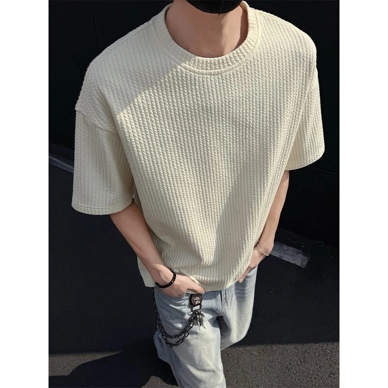 （九九）小众时尚潮流款男士夏季自带肌理感舒适休闲透气圆领短袖