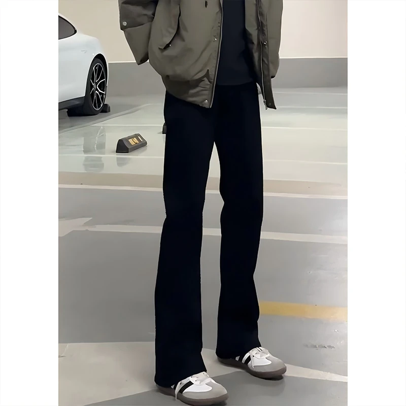 黑色微喇加绒软牛仔裤男弹力修身cleanfit弯刀裤子美式高街直筒裤