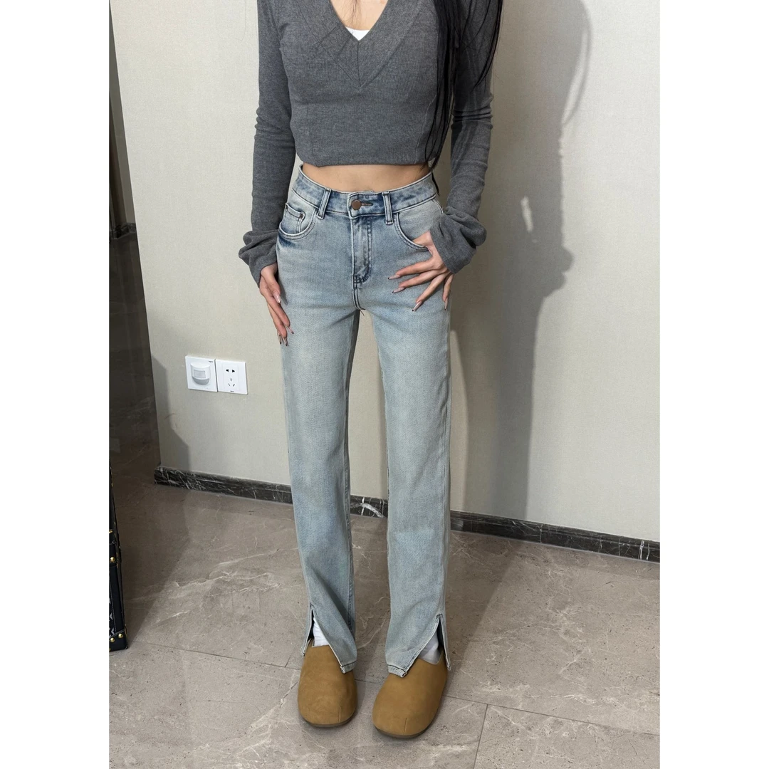 【七柒同款】2025春夏款上新韩版时尚牛仔裤开叉高腰显瘦休闲烟管裤