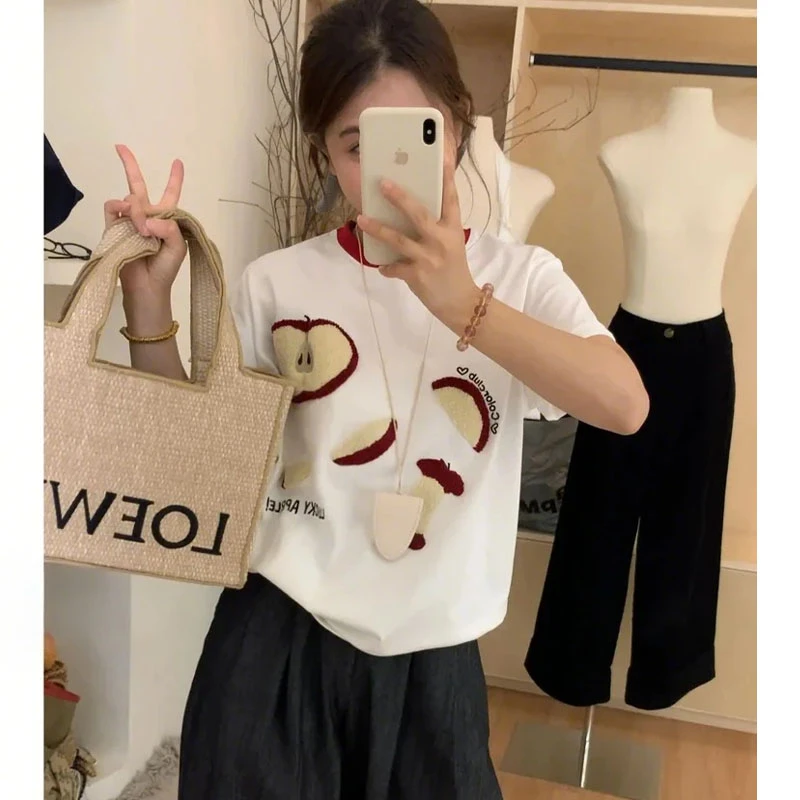 韩系撞色圆领苹果刺绣短袖T恤女夏季新款设计感宽松显瘦上衣小衫