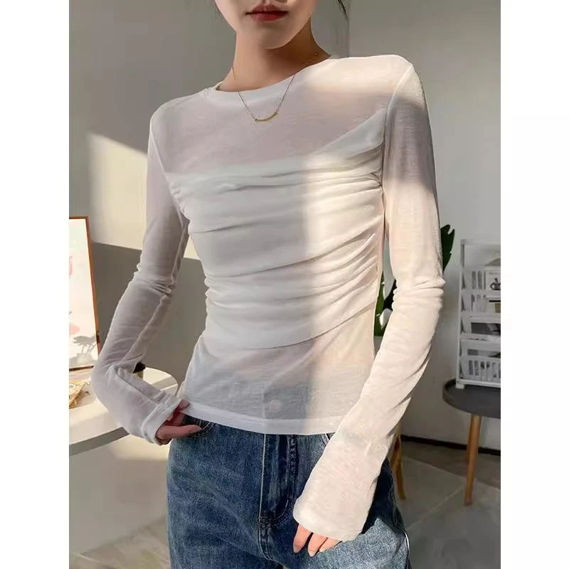 白色打底衫女2025新款春季内搭网纱正肩高级感褶皱长袖T恤上衣潮