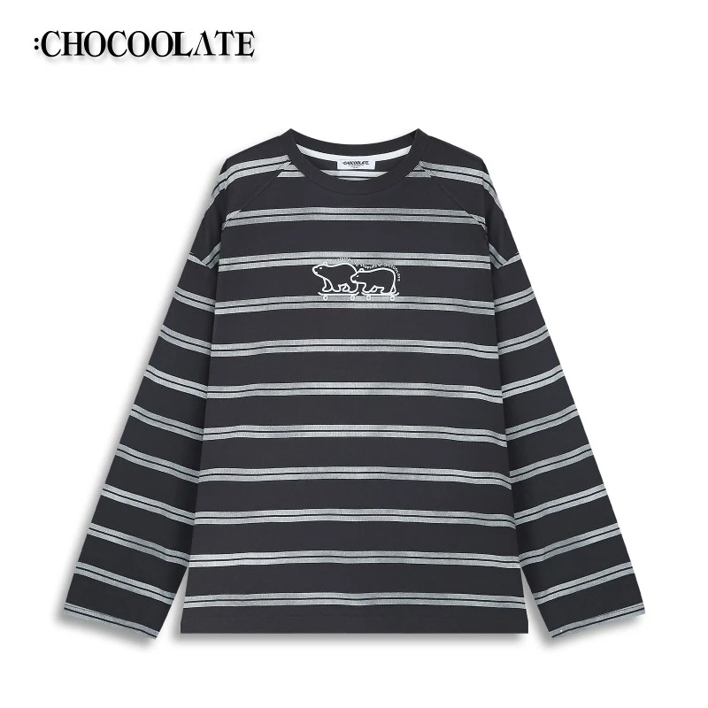 ：CHOCOOLATE立体烫银北极熊撞色条纹圆领T恤6163-1216420