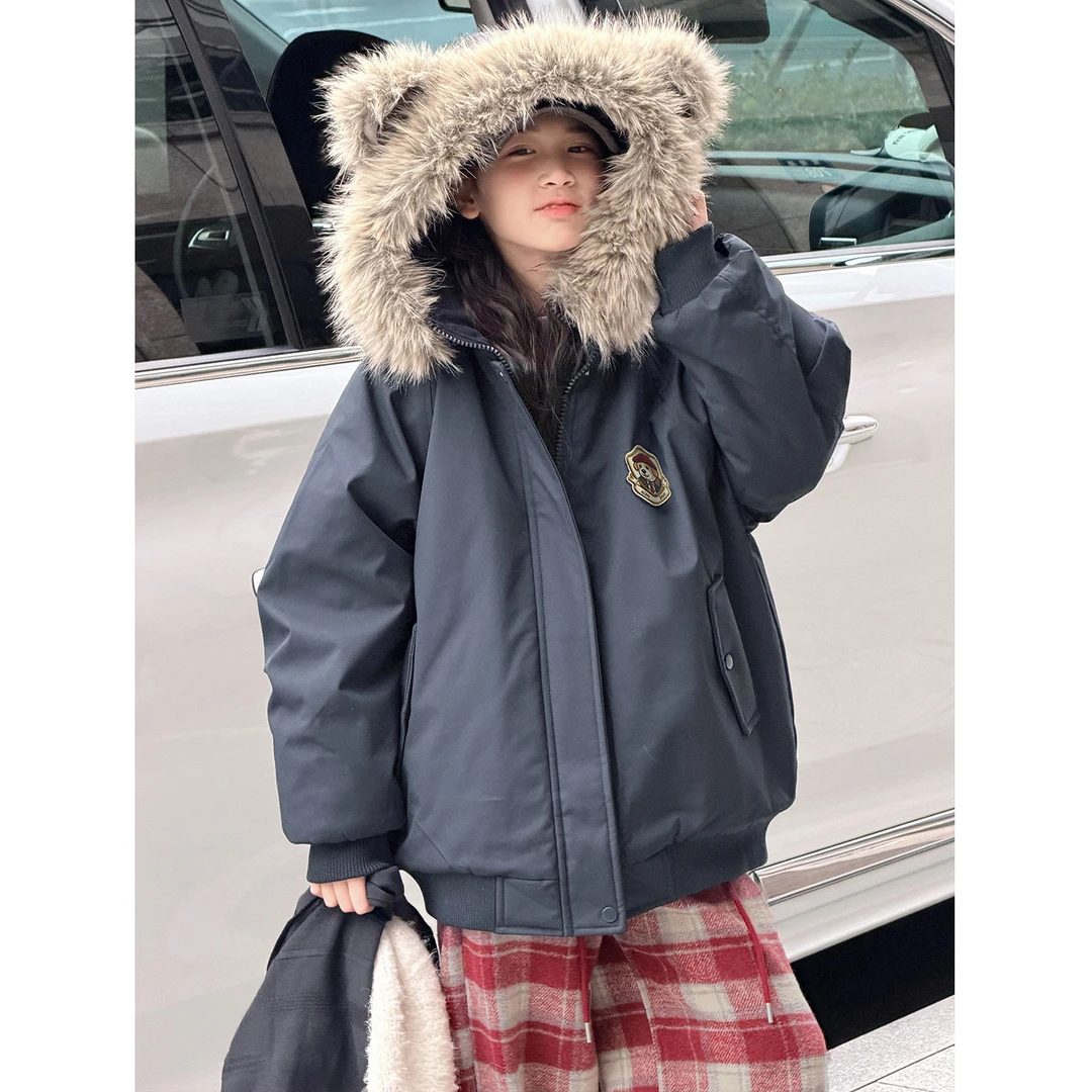 K30486可拆卸毛领女童夹棉派克服秋冬装新款2025儿童加厚保暖外套