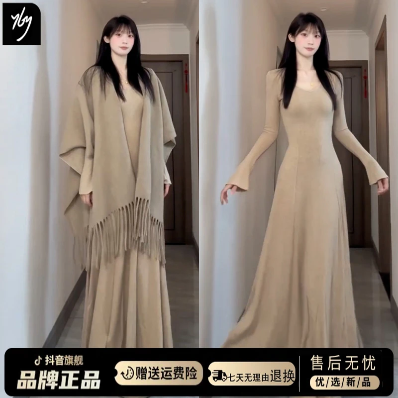 韩系氛围感穿搭一整套复古温柔风连衣裙子女装早秋季2025新款长裙