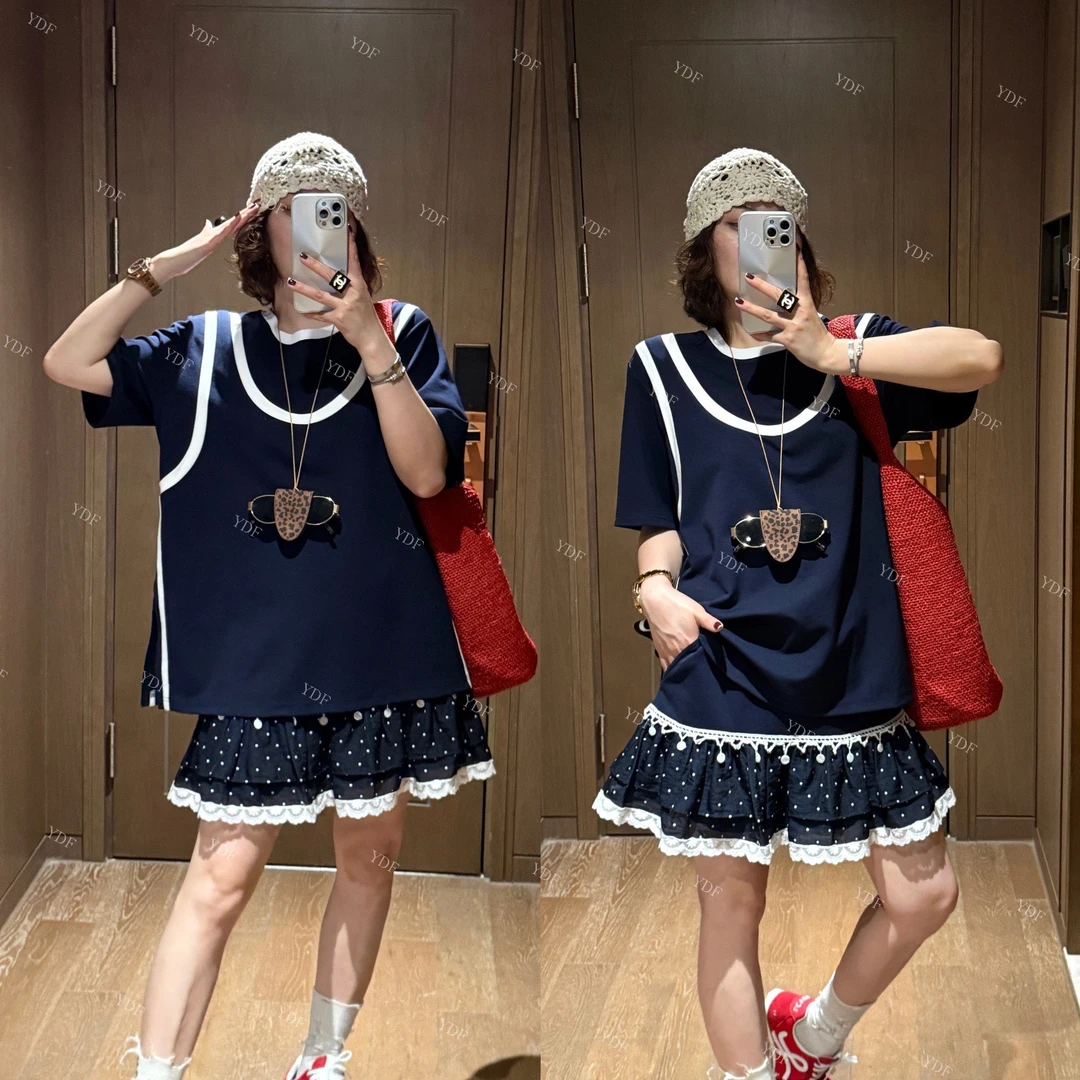 YDFSTUDIO小众【海盐之境】欧货高品撞色明线设计上衣+半身裙套装