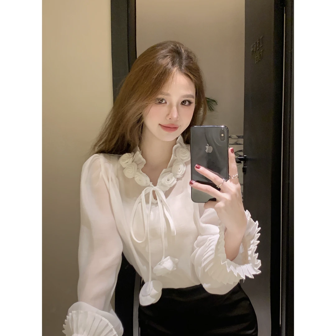 法式复古玫瑰花立领长袖衬衫夏季高级感气质百搭防晒别致上衣服