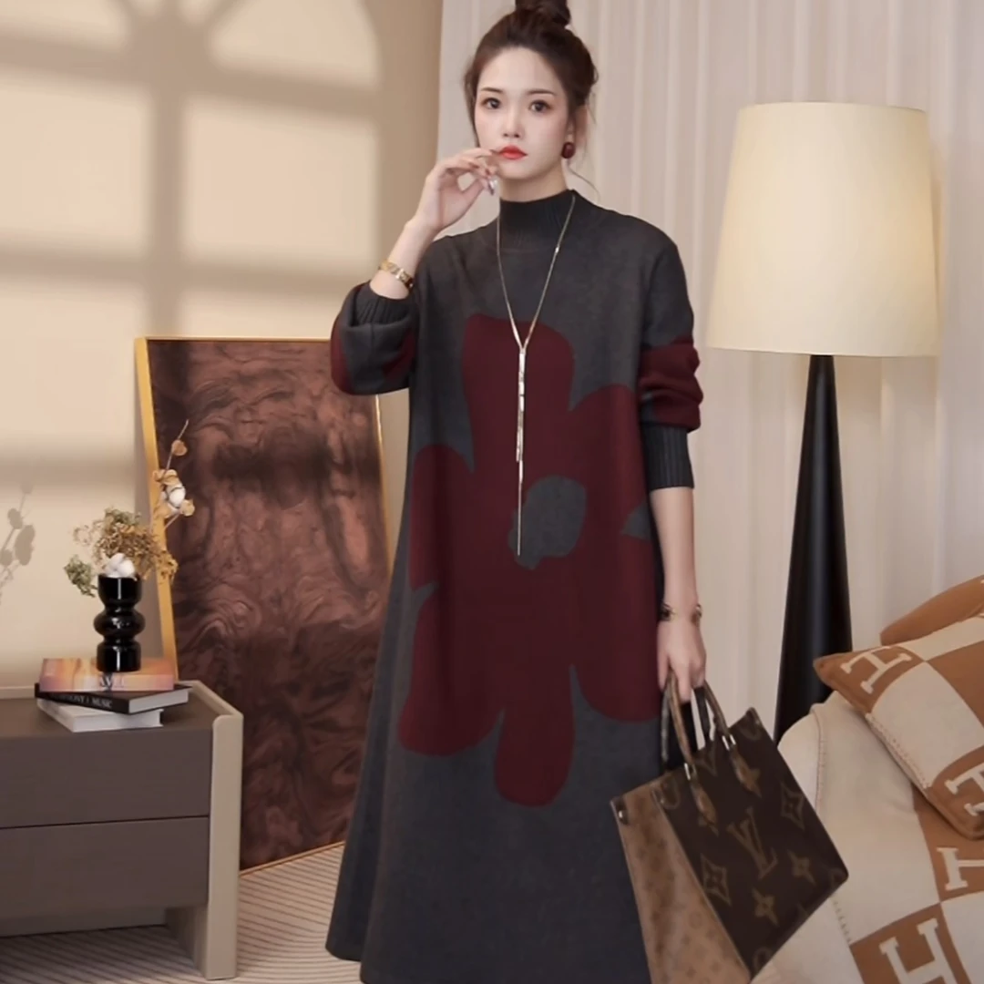 高端品质[温哥华]灰红色显瘦长袖保暖圆领毛衣打底连衣裙-6107#