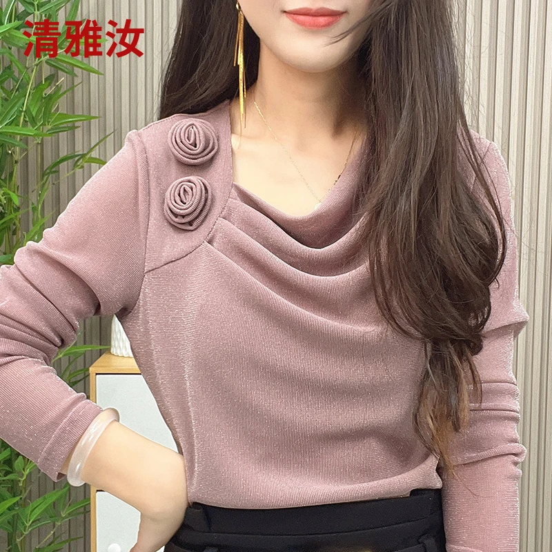 中年女士T恤打底小衫春季修身显瘦长袖春秋时尚洋气质V领网纱上衣