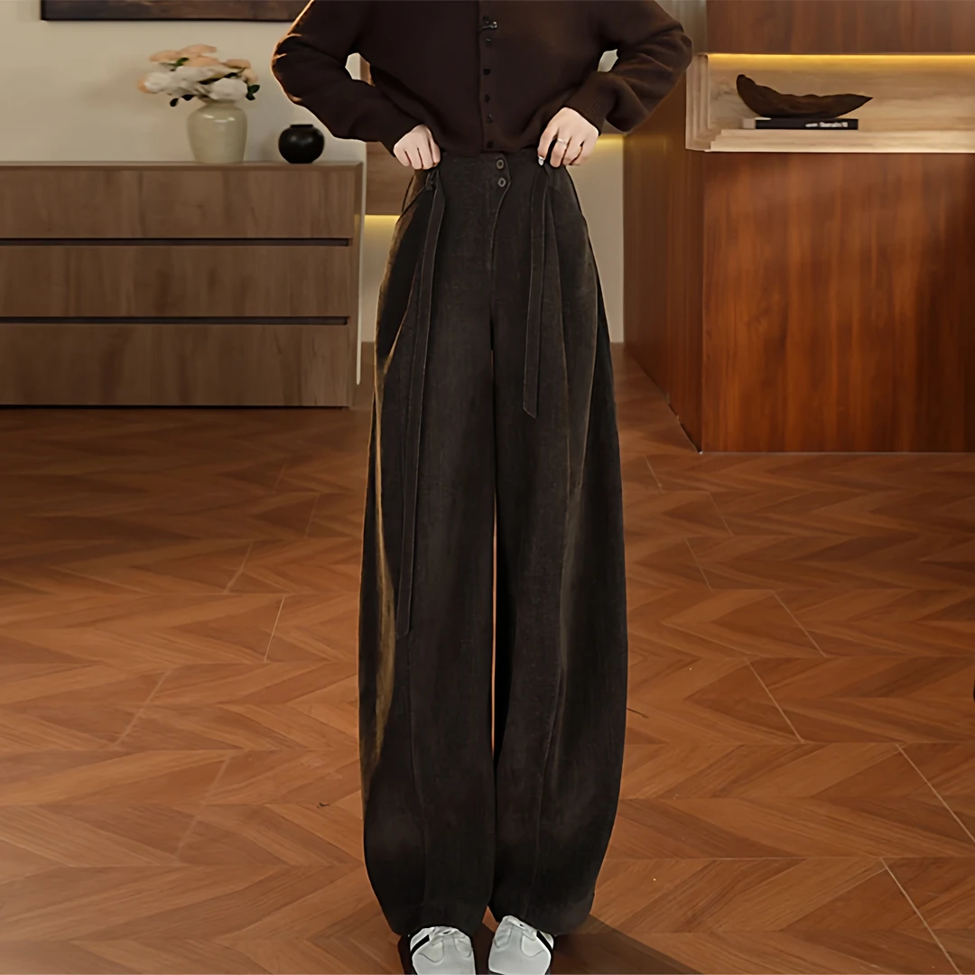韩系时尚极简风高腰阔腿裤女2025秋冬新款抽绳宽松显瘦百搭休闲裤