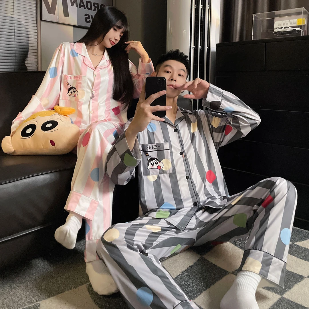 蜡笔小新情侣睡衣女春秋季长袖冰雪丝条纹可爱男士薄款家居服套装