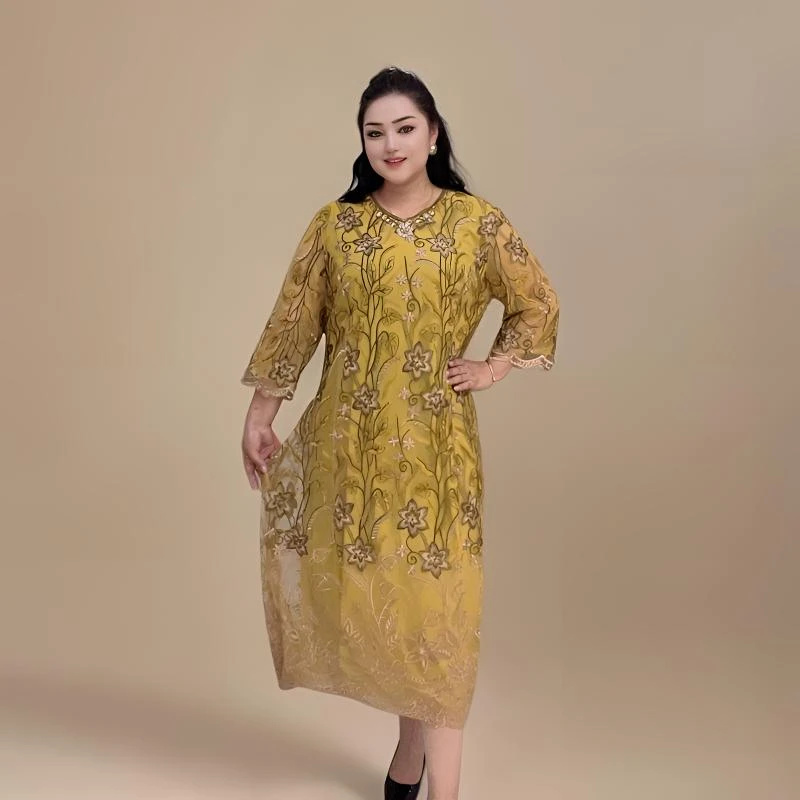 法式夏季短袖圆领拼接圆领连衣裙气质国风长袖时尚蕾丝显瘦复古