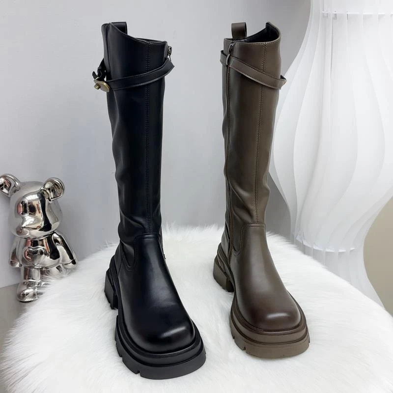 胖妹妹百搭侧拉链真皮长靴马丁靴防水台厚底高尖头粗跟长靴