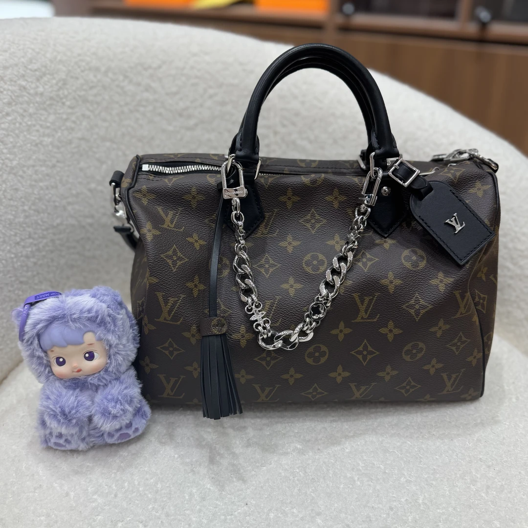 99新 LouisVuitton/路易威登 25年票Lv老花拼黑色soft speedy30