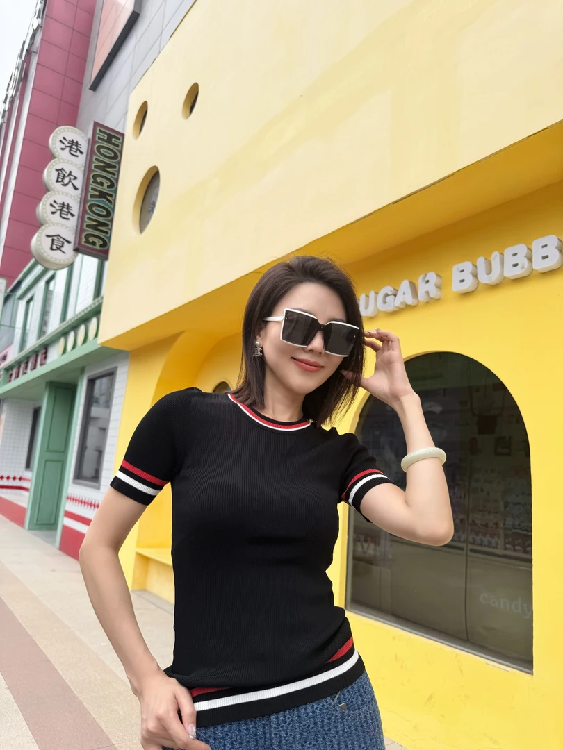 针织衫休闲简约风撞色黑色女装圆领显瘦薄款710132-92397